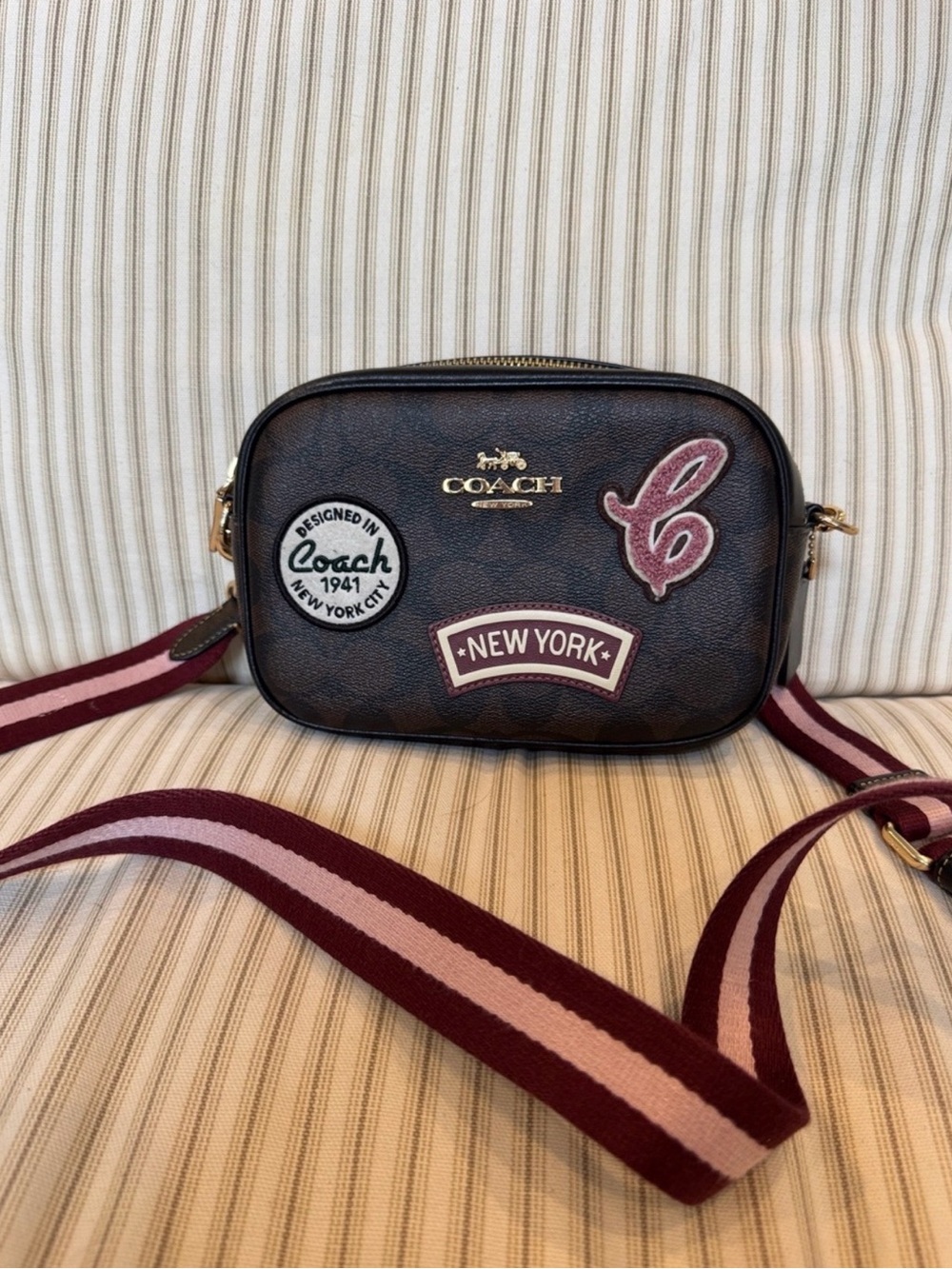 Coach Brown Leather Crossbody Camera Bag with Burgundy Stripe Strap NWOT
